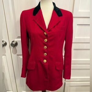 Chic Red Blazer with Black Collar and Gold Buttons